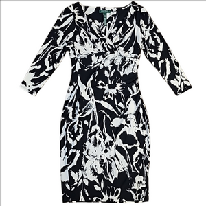Lauren Ralph Lauren Black & White Floral Print Jersey Knit Fitted Sheath Dress